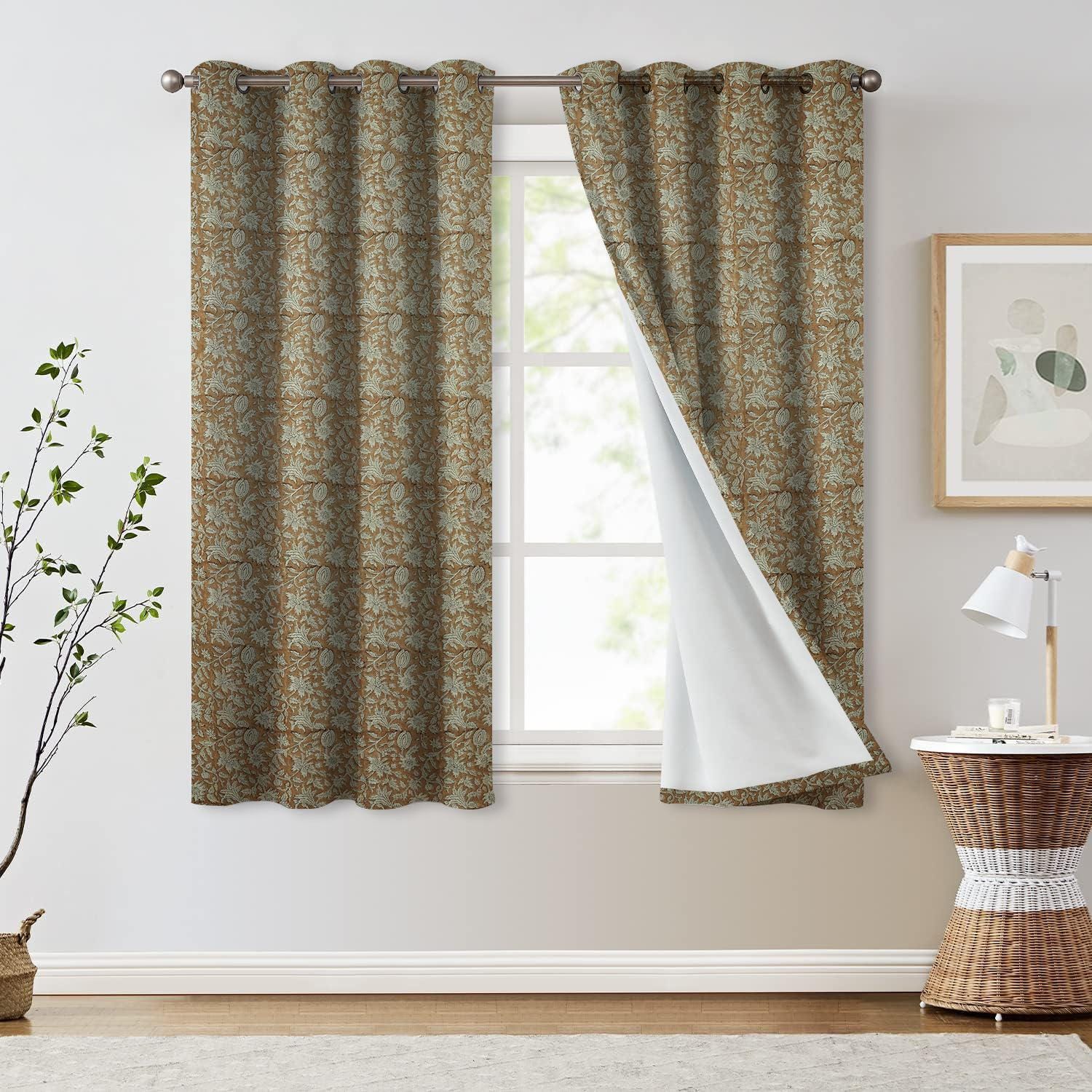 Room Darkening Floral Blackout Curtains - Hand Block Print Linen Grommet Panels - Manikarnika