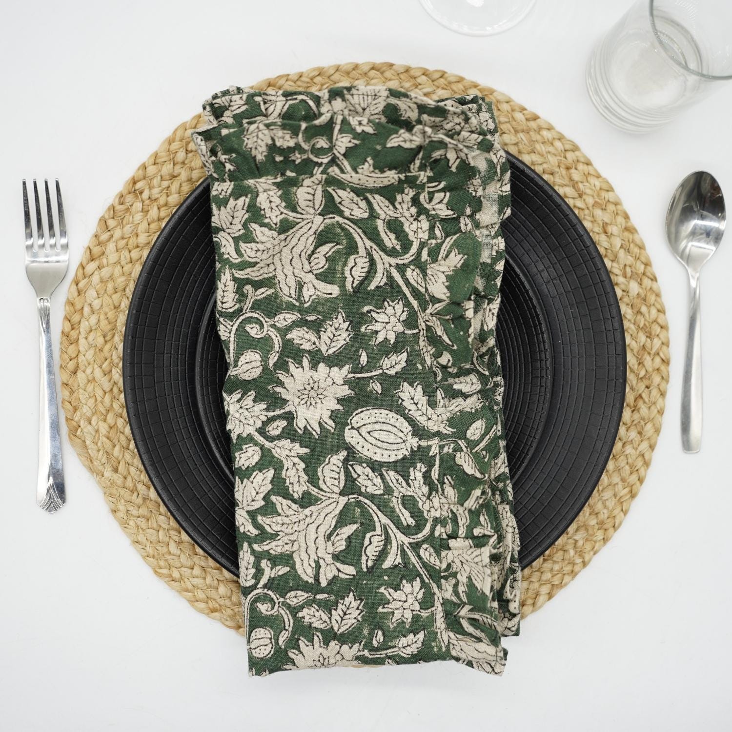 FLORAL HANDMADE DECORATIVE DINNER FRILL SET OF LINEN BLOCK PRINTED FABRIC TABLE NAPKINS – ARADHANA