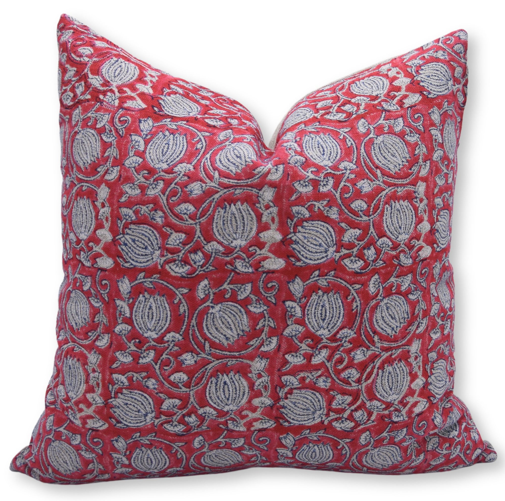 Square/Lumber block print pillow cover- thick/ heavy linen- 6 KAMAL RED - Fabdivine