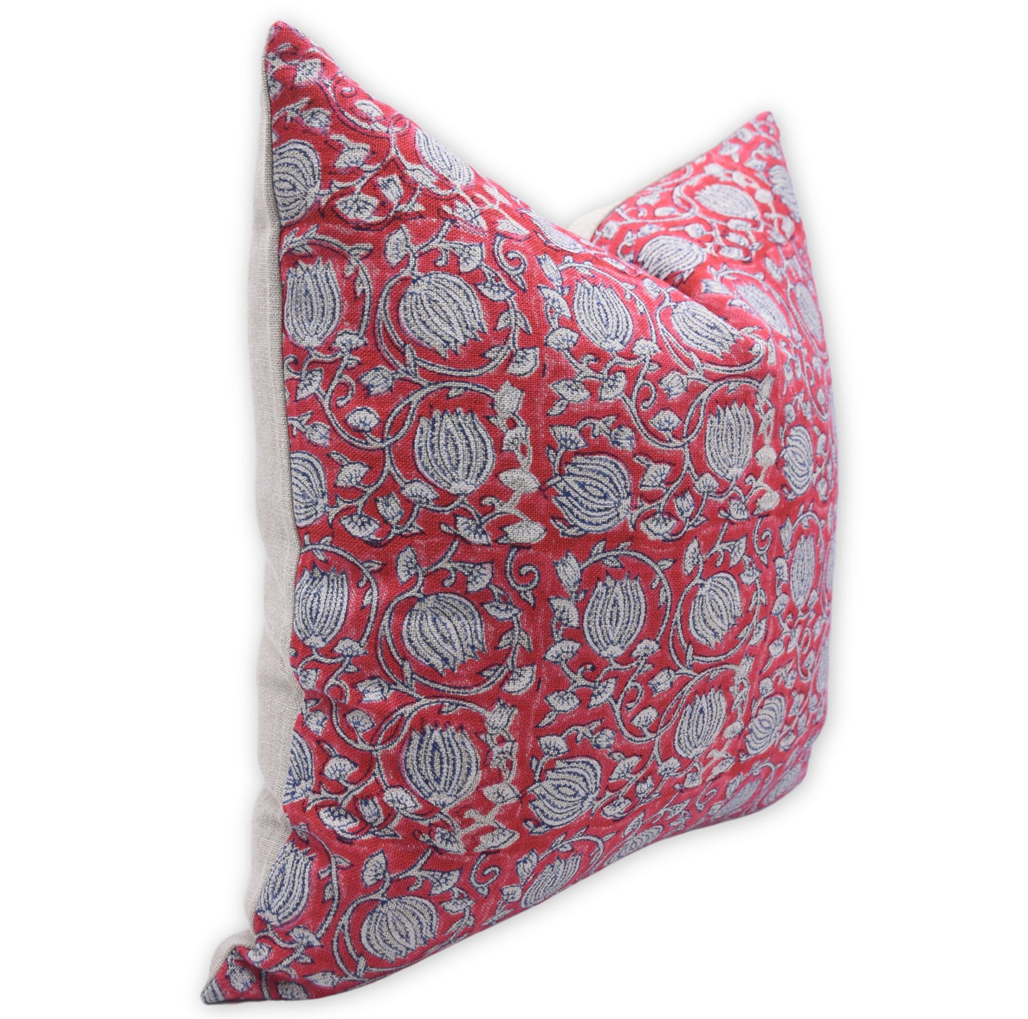 Square/Lumber block print pillow cover- thick/ heavy linen- 6 KAMAL RED - Fabdivine