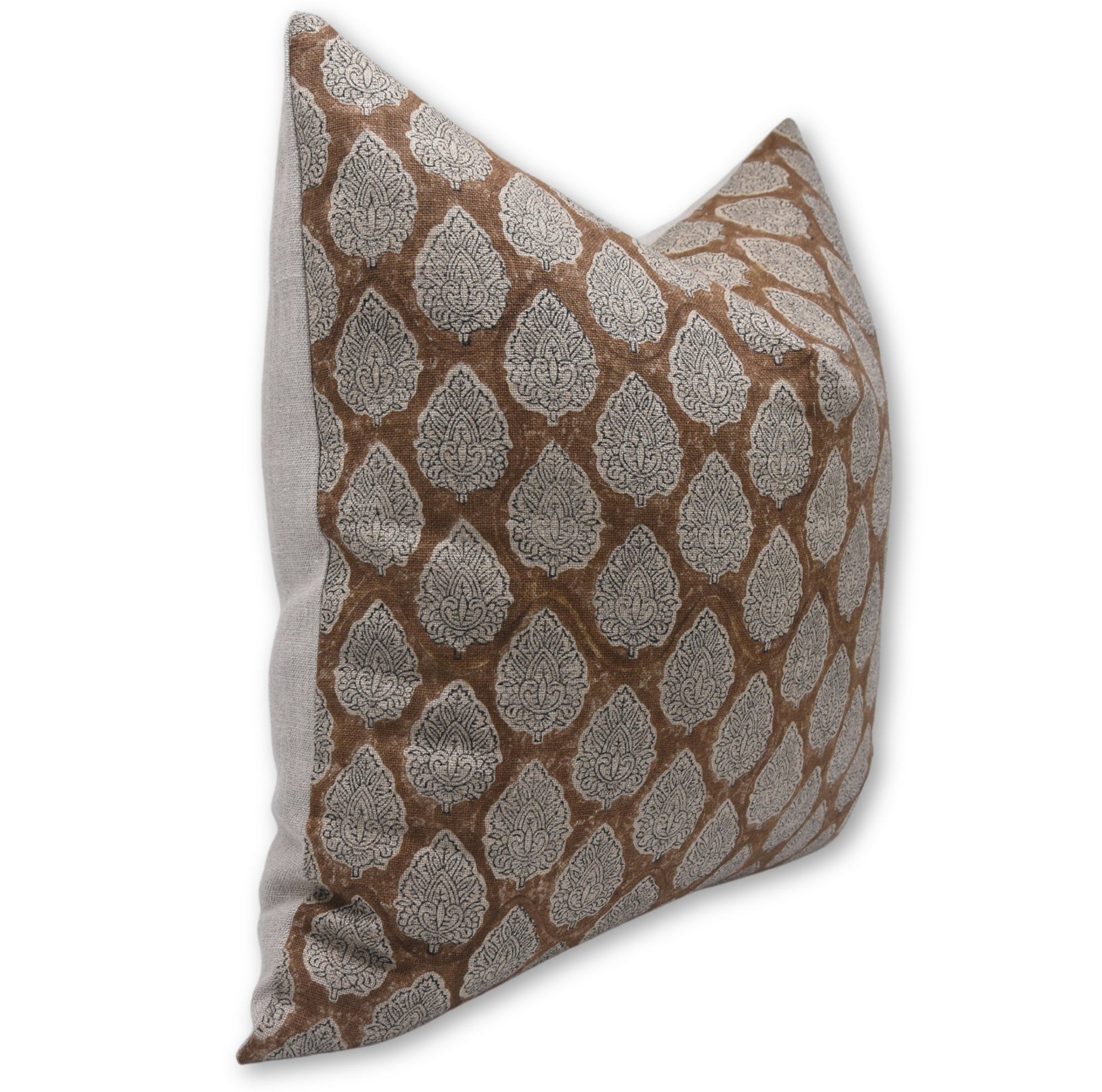 Hand Block Print thick/heavy linen designer pillow cover- BETAL LEAF BROWN - Fabdivine