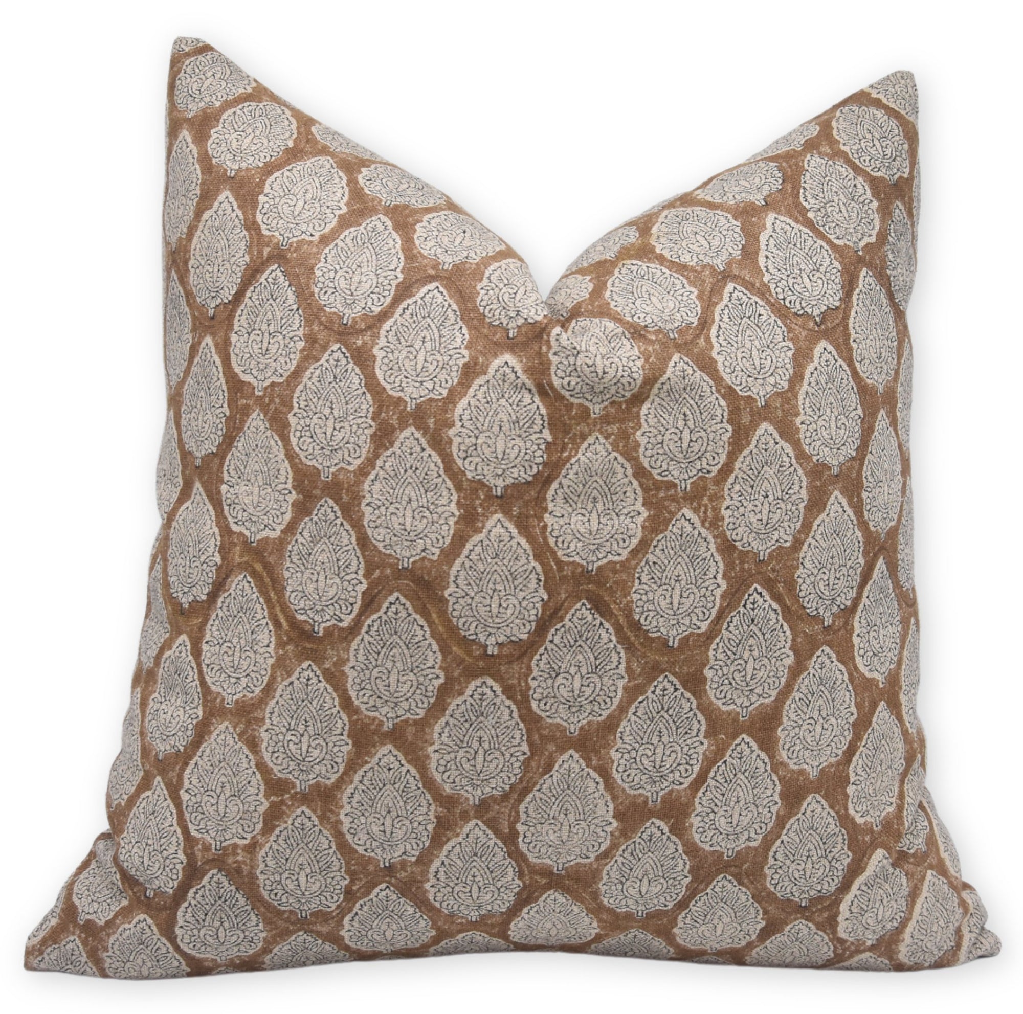 Hand Block Print thick/heavy linen designer pillow cover- BETAL LEAF BROWN - Fabdivine