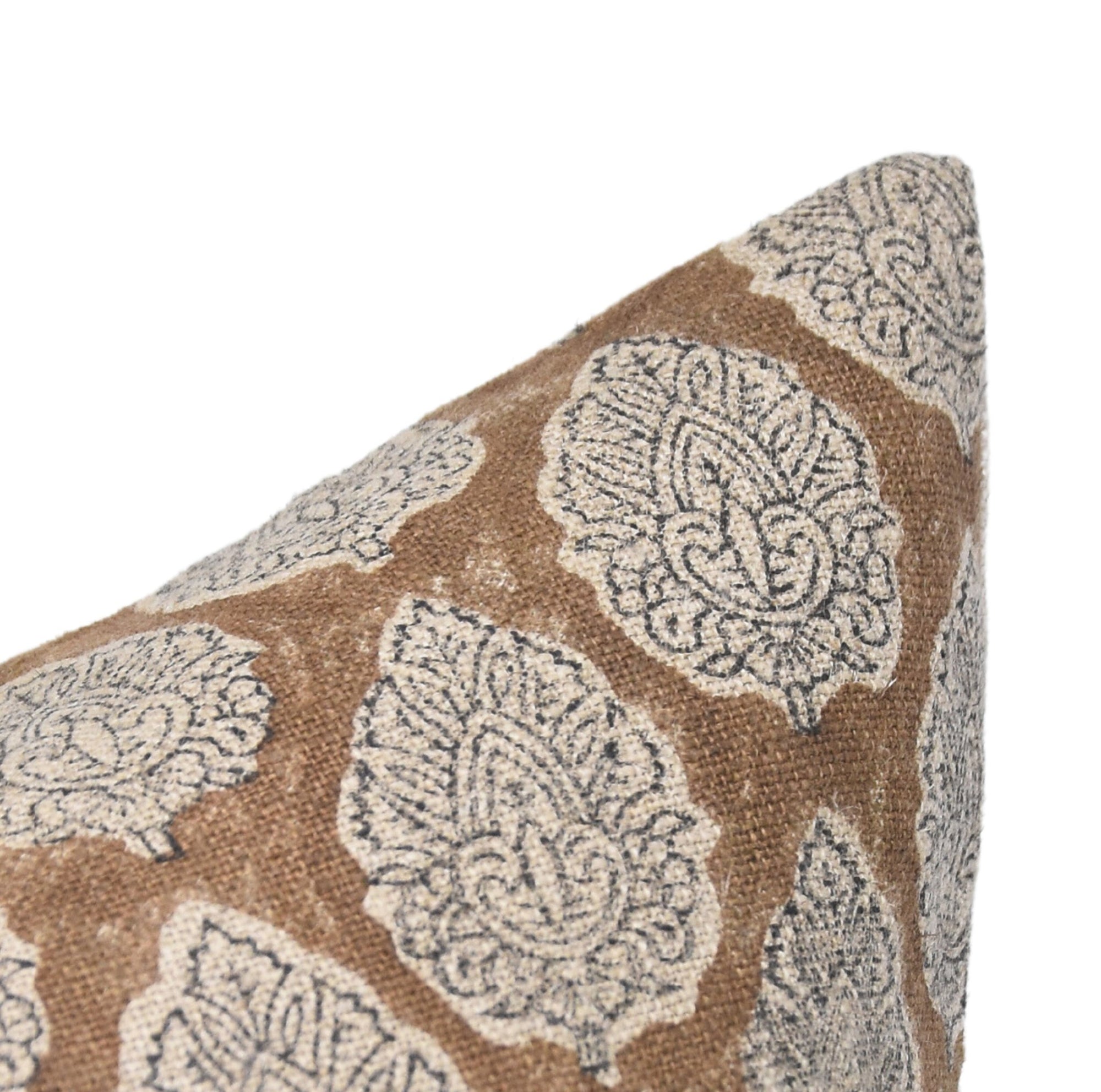 Hand Block Print thick/heavy linen designer pillow cover- BETAL LEAF BROWN - Fabdivine