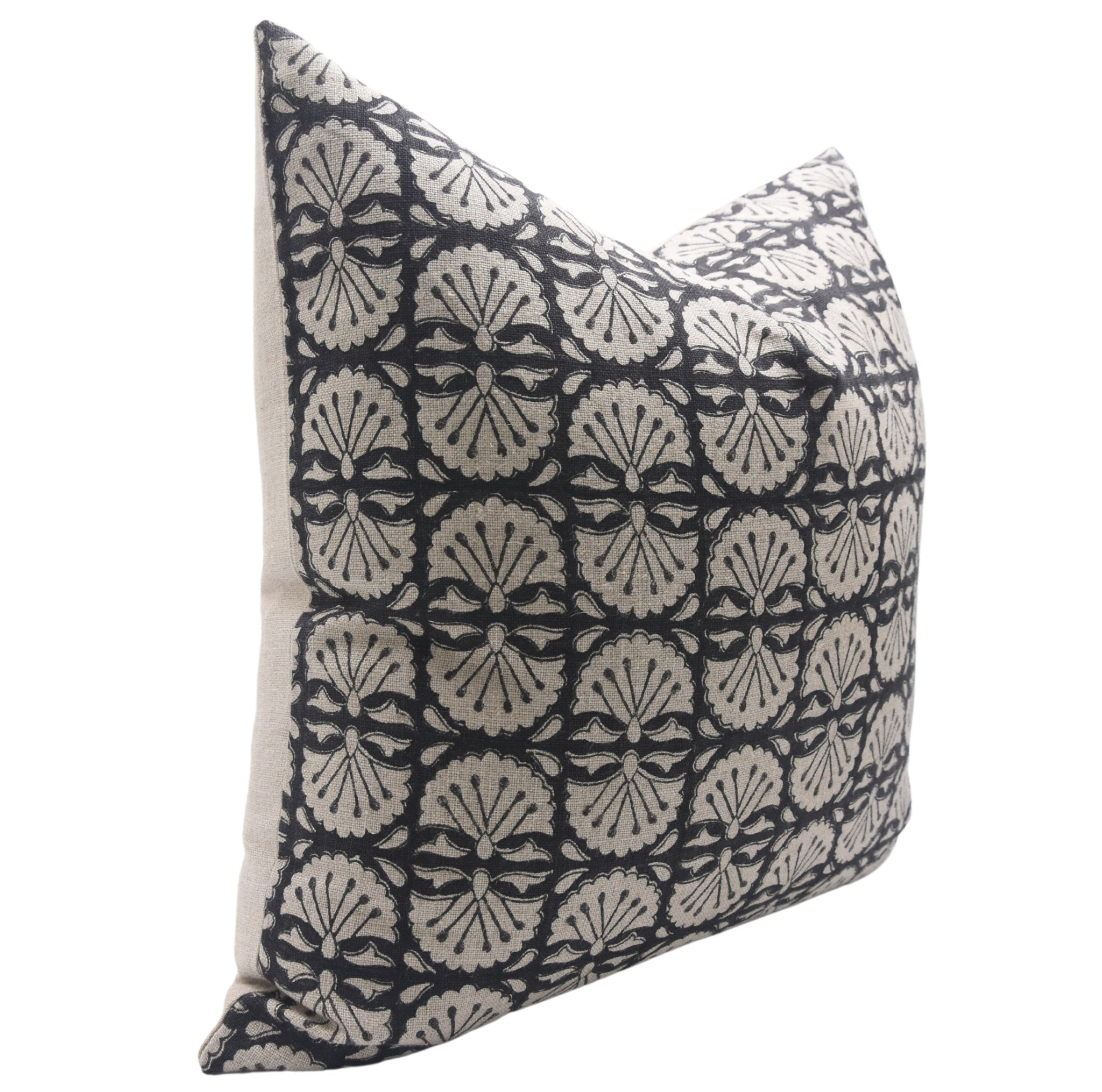 Block print Heavy Linen Pillow Cover - BIJHNI BLACK - Fabdivine