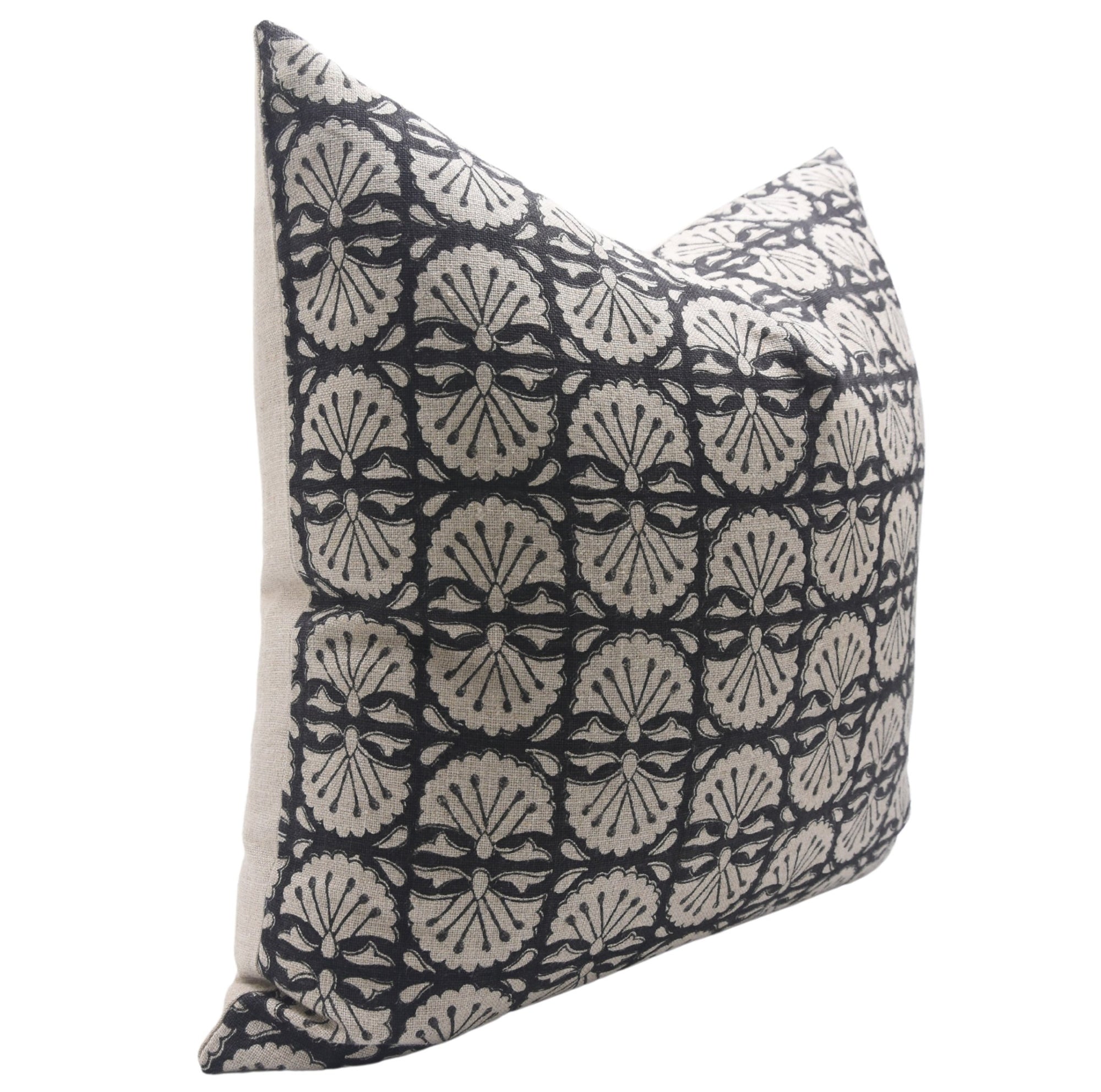 Block print Heavy Linen Pillow Cover - BIJHNI BLACK - Fabdivine