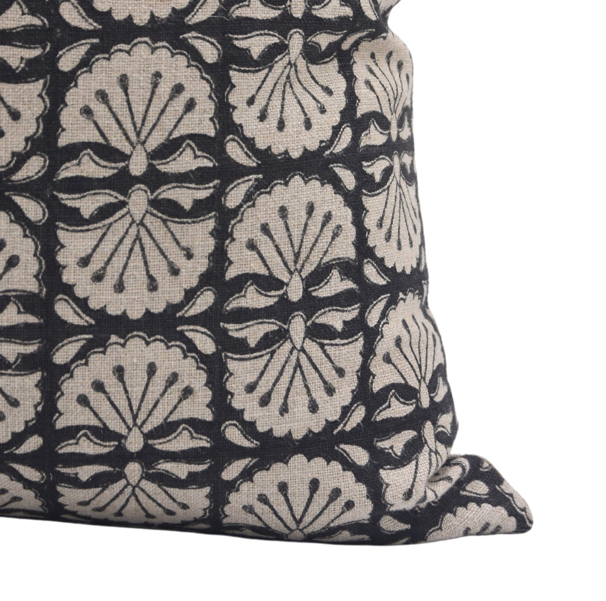 Block print Heavy Linen Pillow Cover - BIJHNI BLACK - Fabdivine