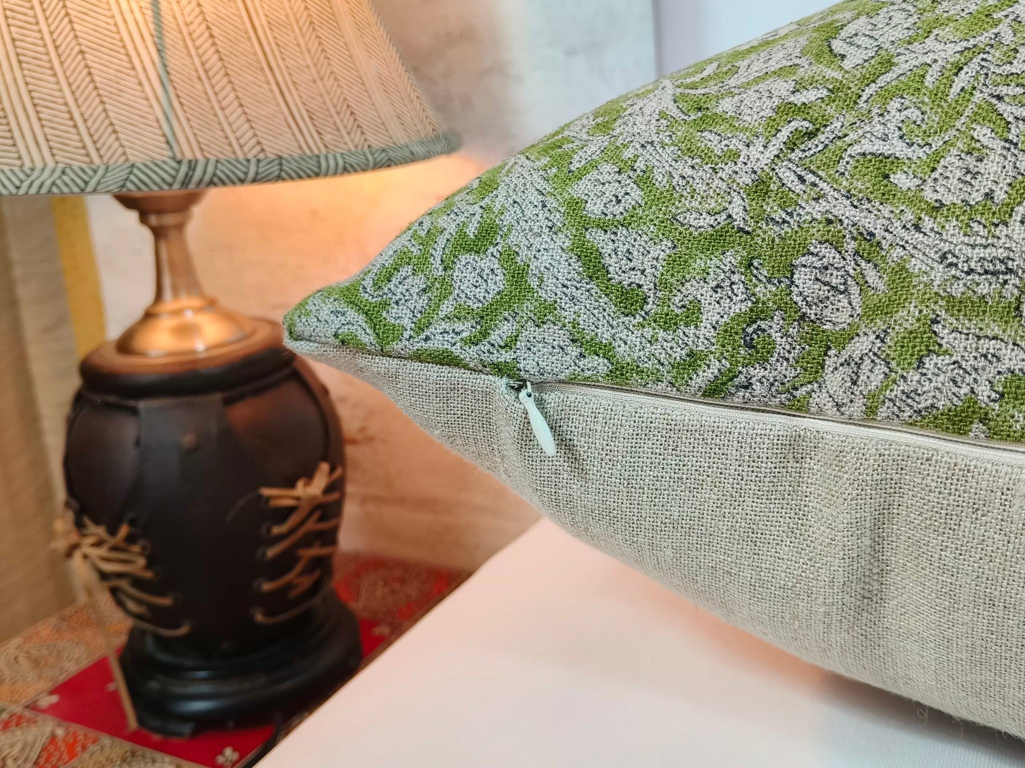 Square/Lumber block print pillow cover- Thick Linen- BLACK FOREST- GREEN - Fabdivine