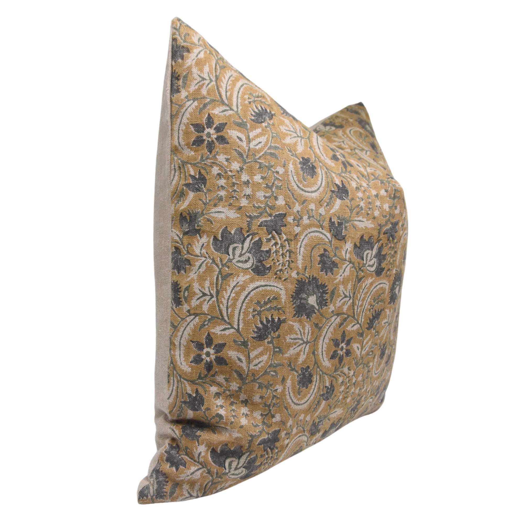 Square block print pillow cover in thick linen - KUNDANVAN - Fabdivine