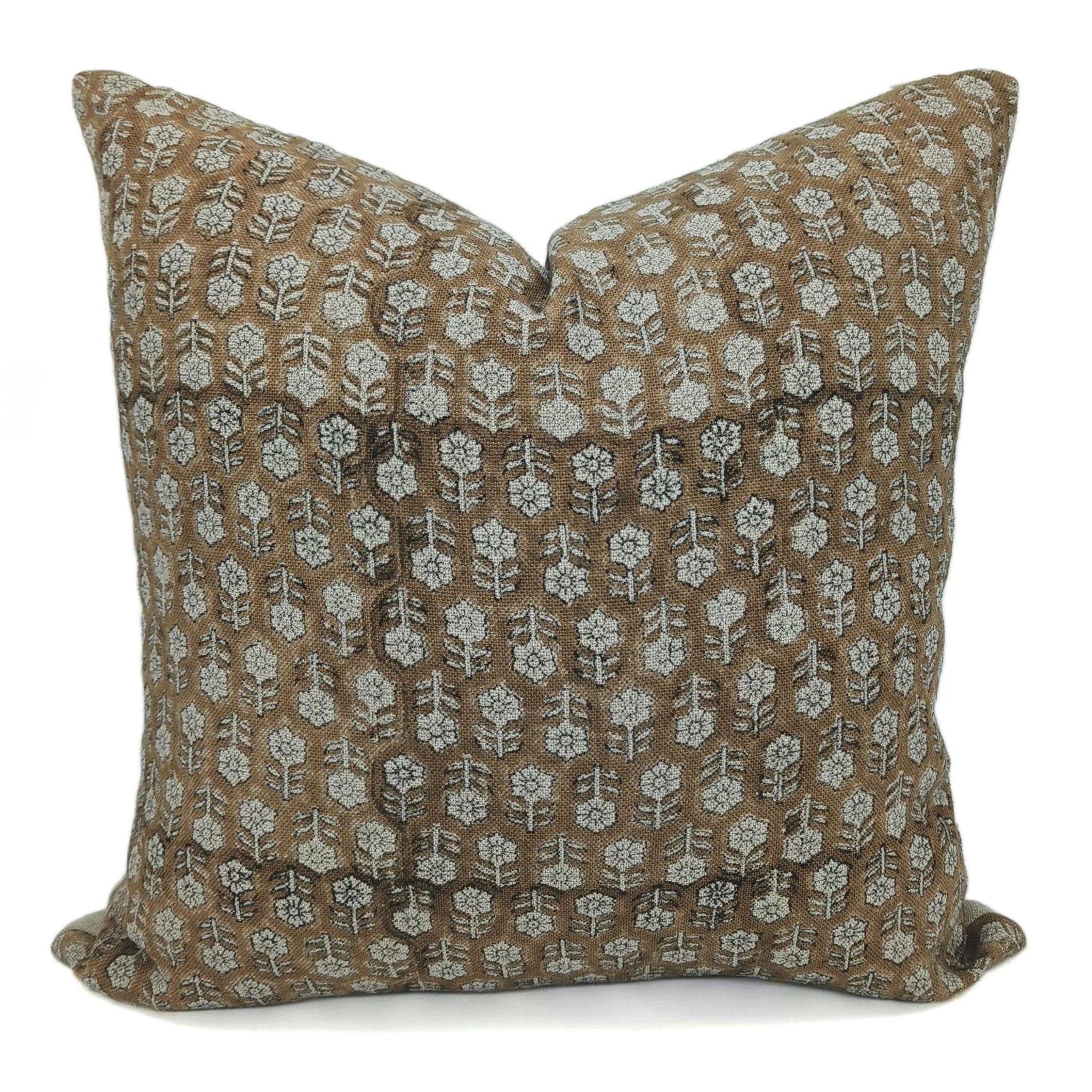 Block print Heavy Linen Pillow Cover - TULSI BUTI BROWN - FABDIVINE LLC