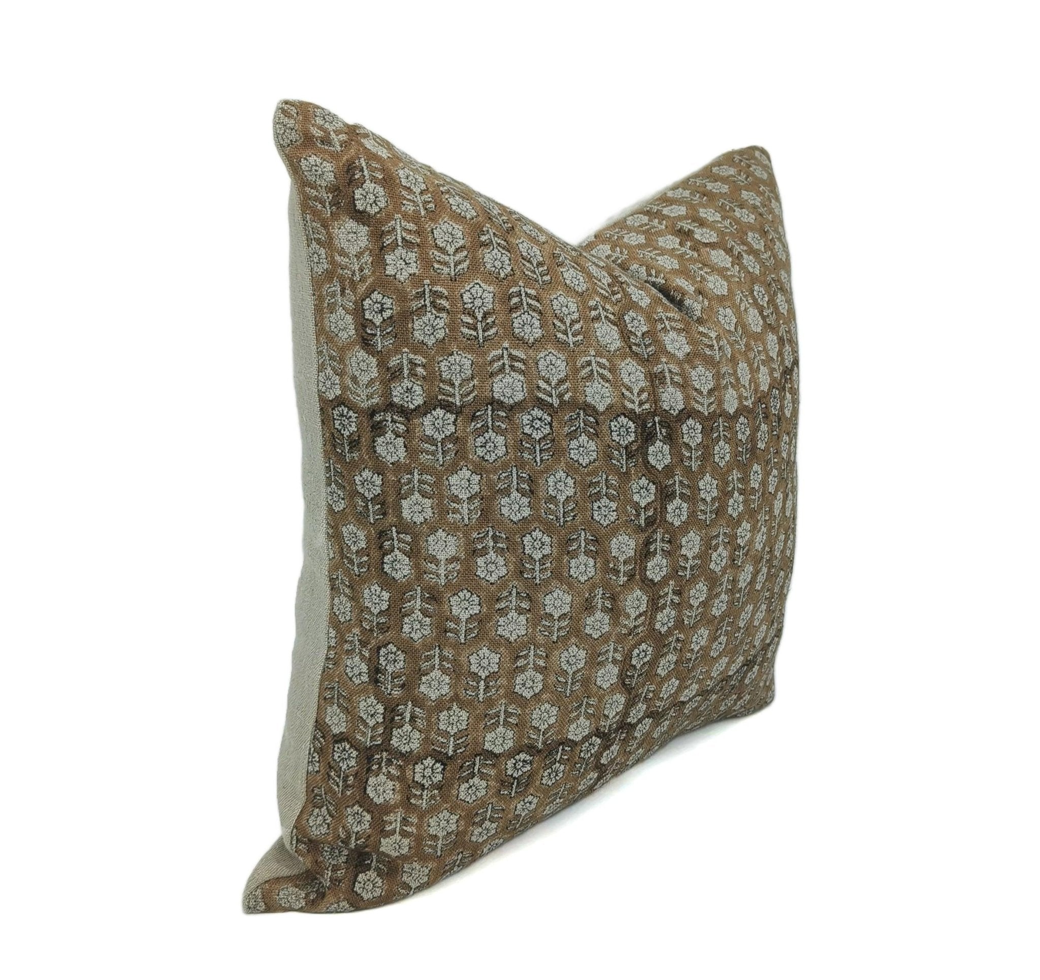 Block print Pillow cover for sofa, couch or bed- thick/heavy linen- TULSI BUTI- BROWN - Fabdivine