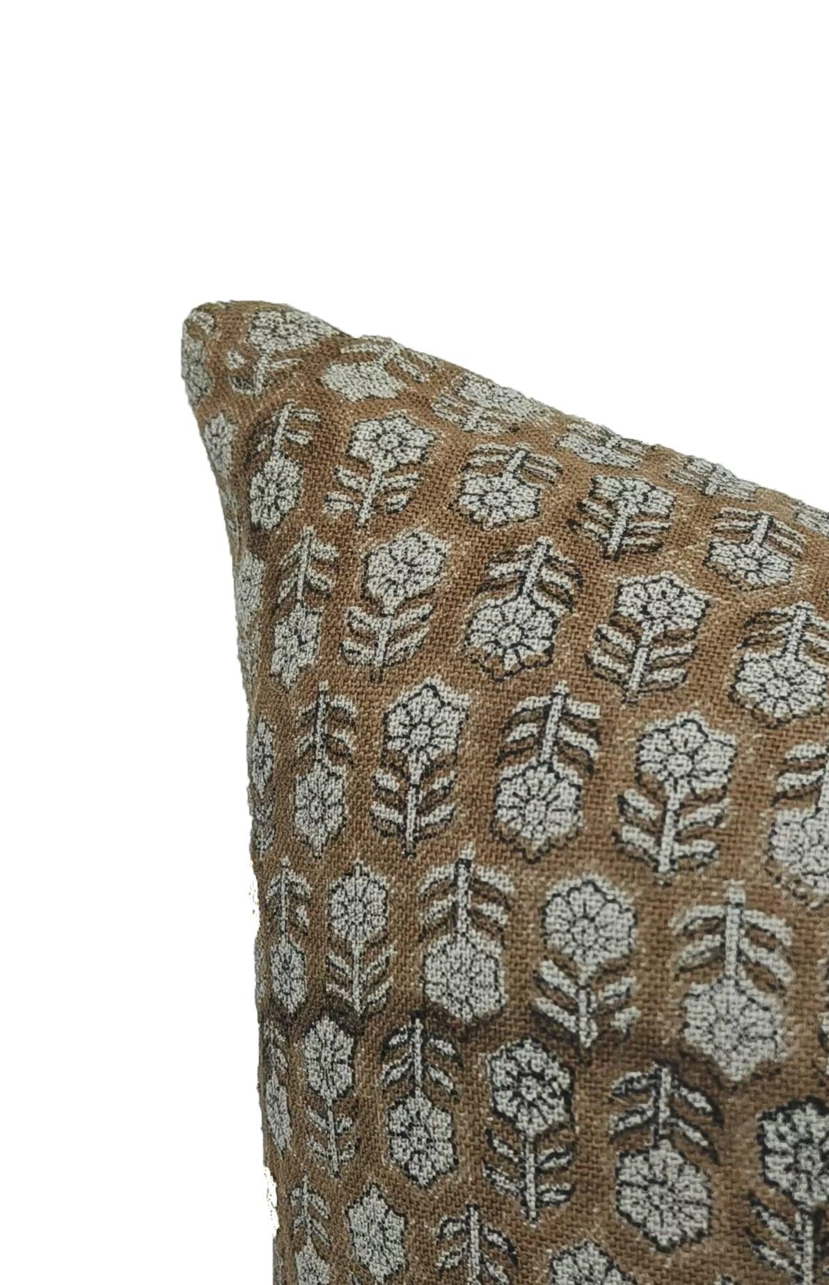 Block print Pillow cover for sofa, couch or bed- thick/heavy linen- TULSI BUTI- BROWN - Fabdivine