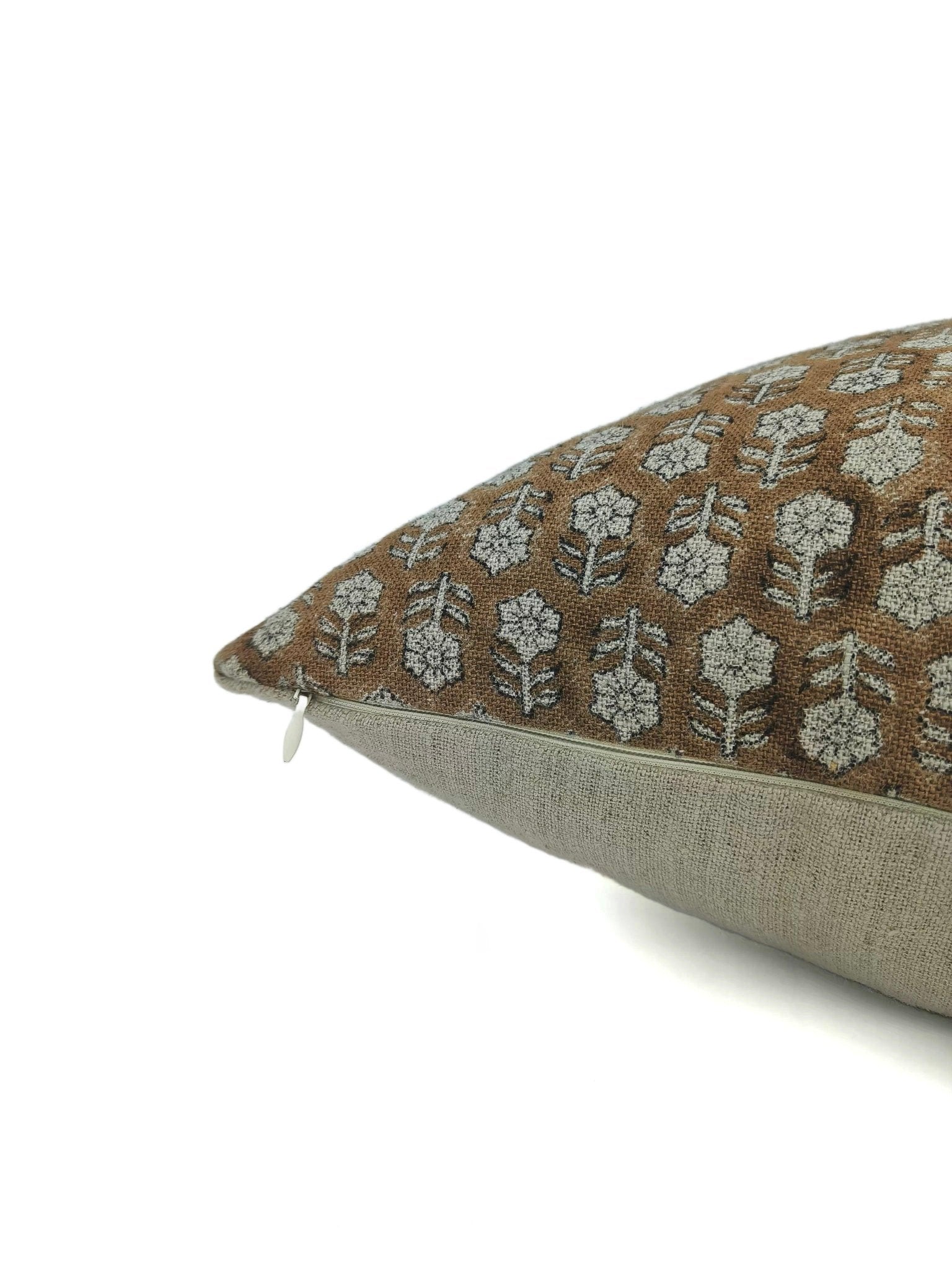 Block print Pillow cover for sofa, couch or bed- thick/heavy linen- TULSI BUTI- BROWN - Fabdivine