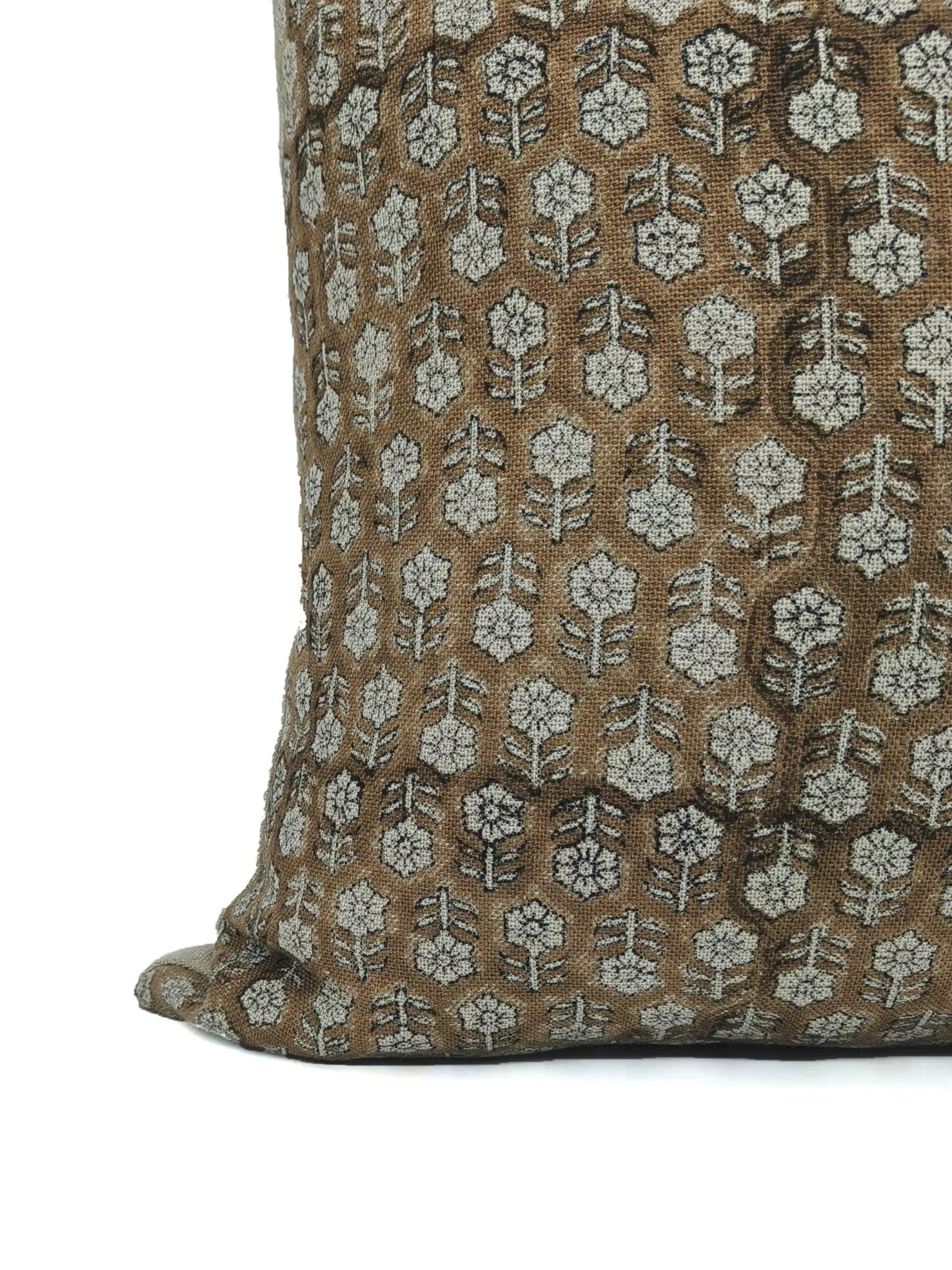 Block print Pillow cover for sofa, couch or bed- thick/heavy linen- TULSI BUTI- BROWN - Fabdivine