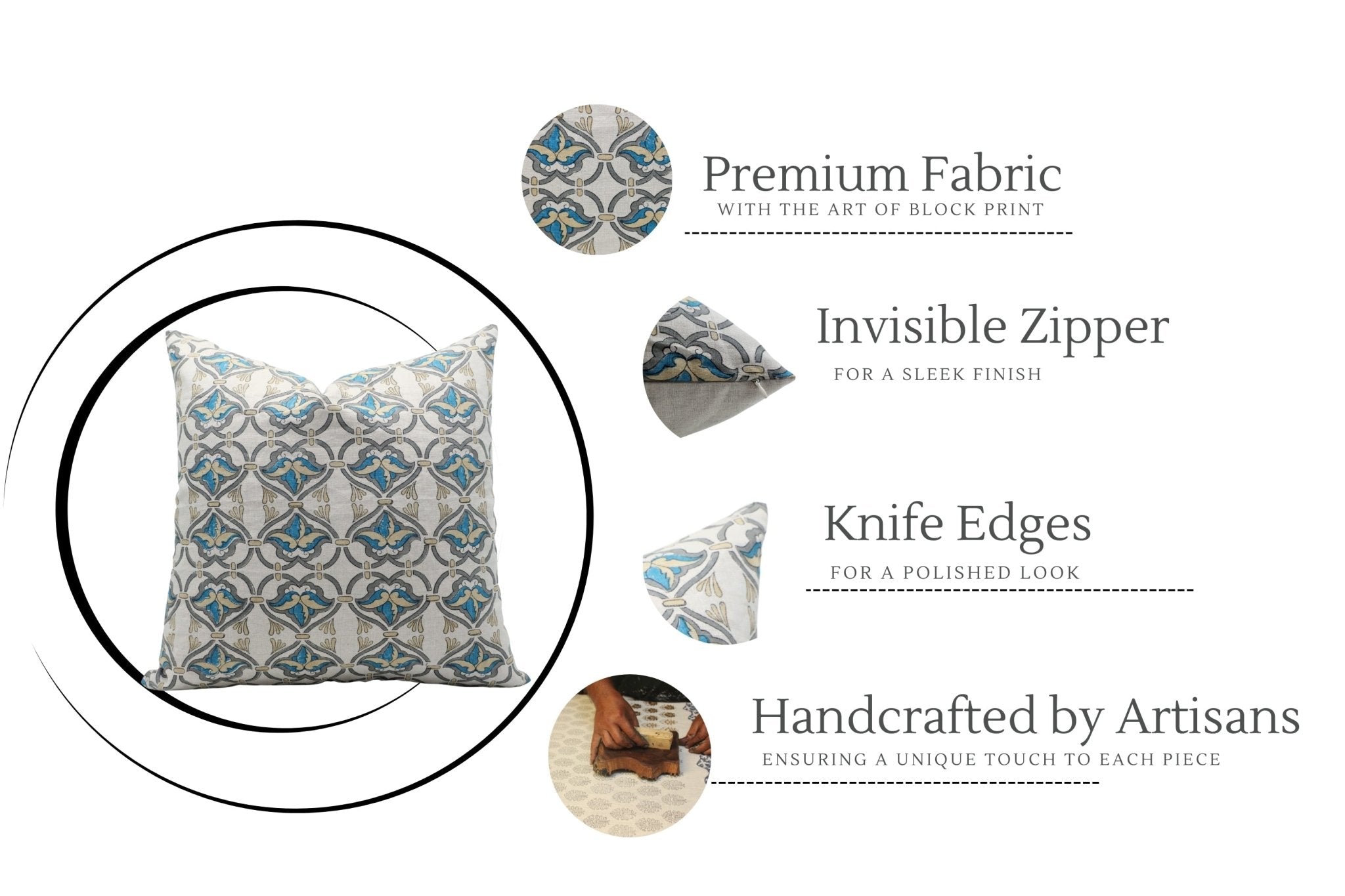 Block Print Pure Linen Pillow Cover - HRIDYAVAN - Fabdivine