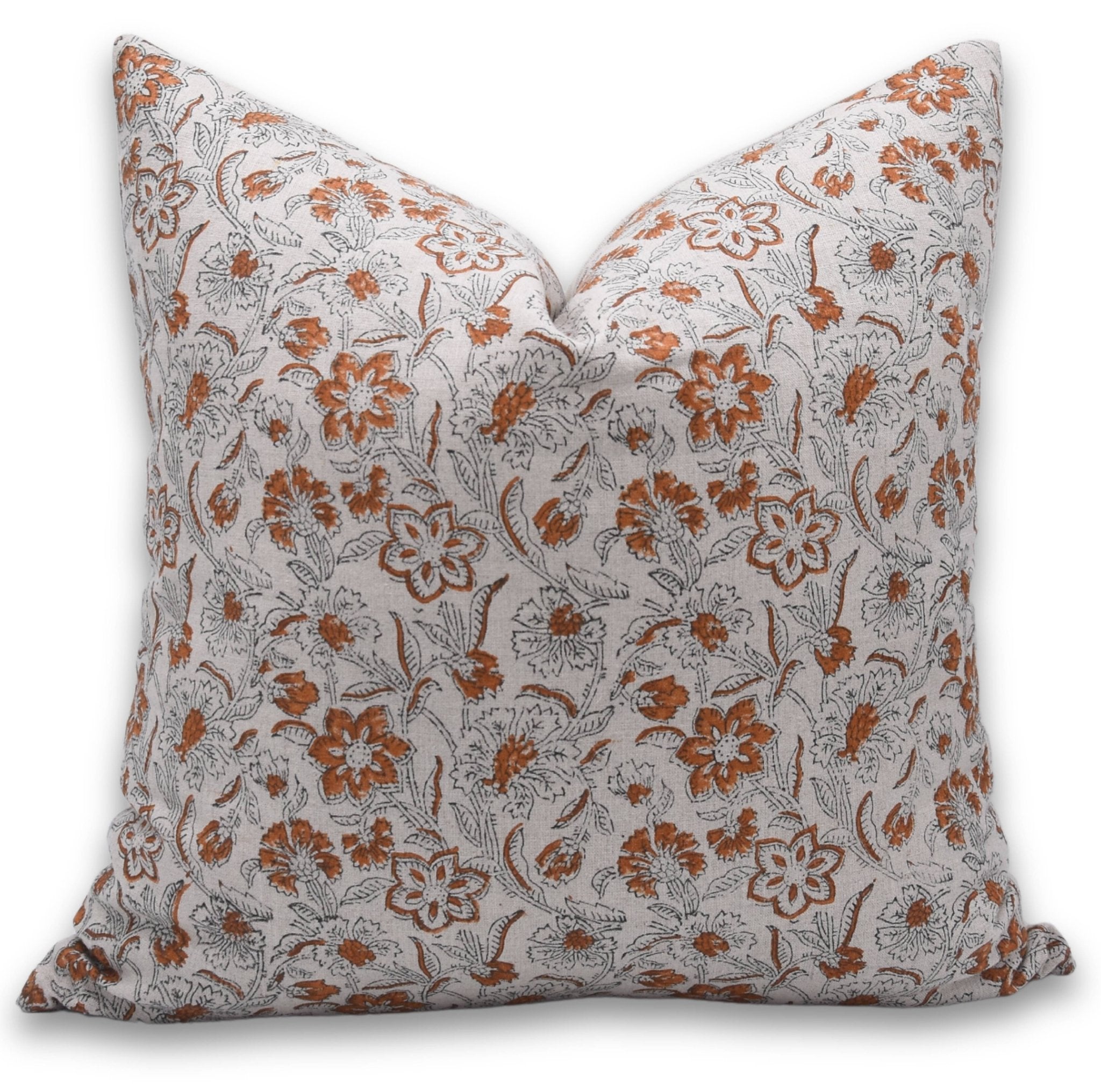 Block print pure linen throw pillow cover- KUM KUM - Fabdivine