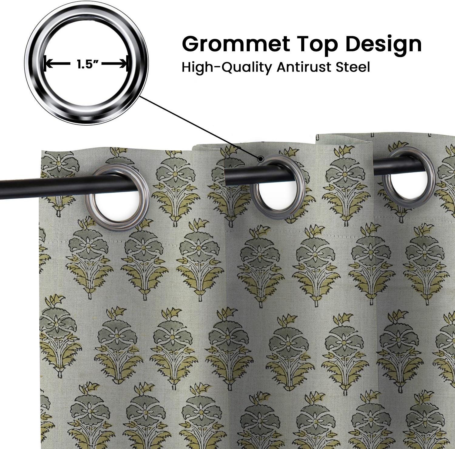 Room Darkening Floral Grommet Curtains - Blackout Linen Window Treatment - Mormukut