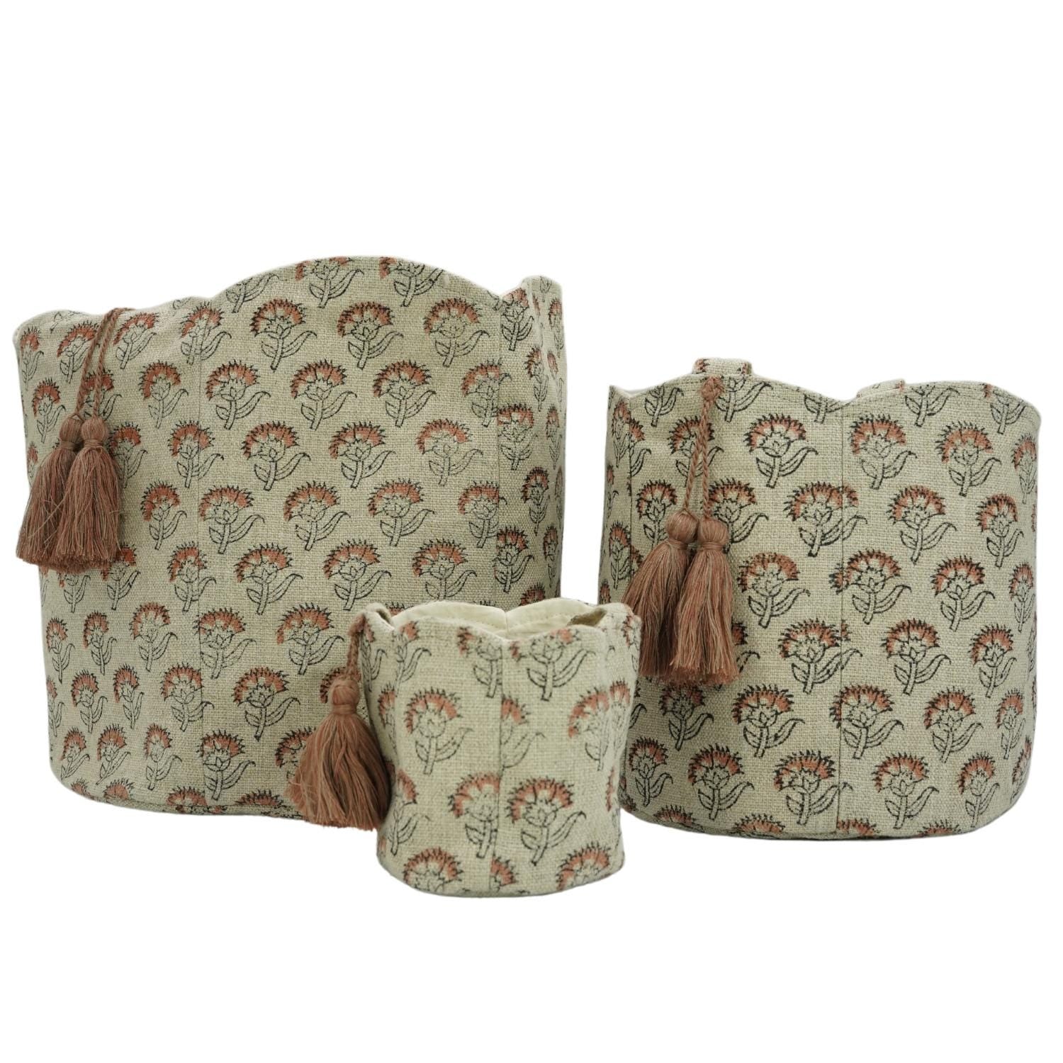 LINEN BLOCK PRINTED BASKETS STORAGE &amp; ORGANIZER BIN – SHOPPING &amp; GIFT BASKET - JUJU FLOWER