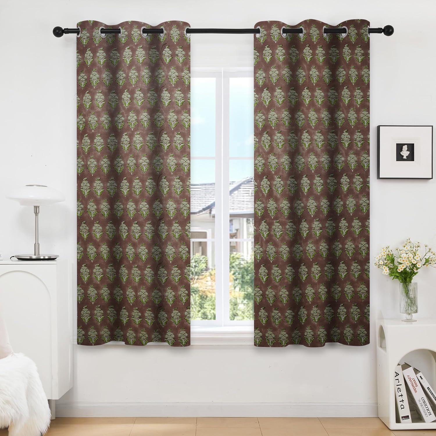 Block Print Linen Blackout Grommet Curtain Panel Custom Designer Window Treatment - Mormukut