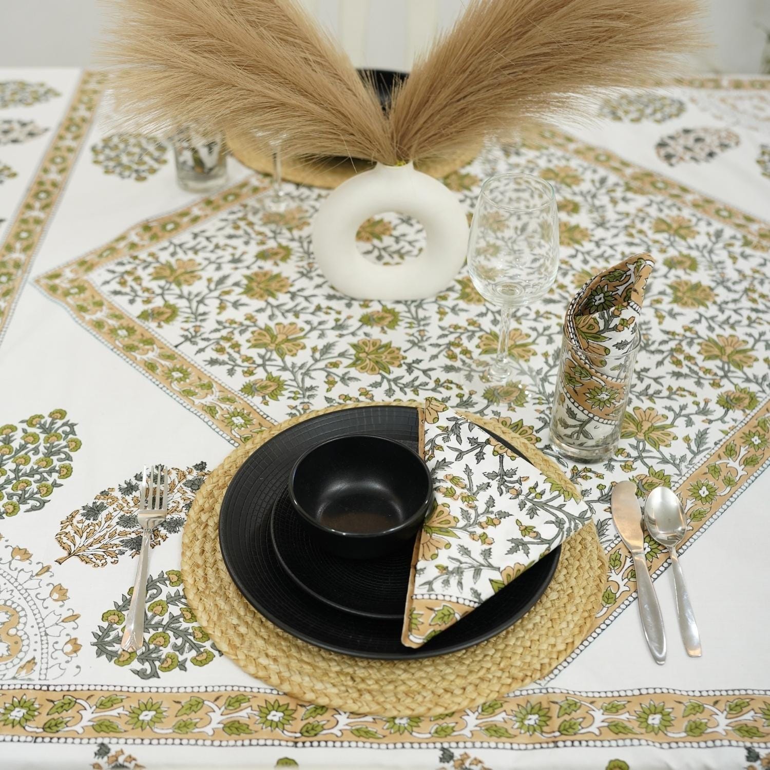 HANDMADE BLOCK PRINTED COTTON FLORAL NAPKIN AND CUSTOM DECORATIVE TABLE COVERING - GUDHAL BORDER