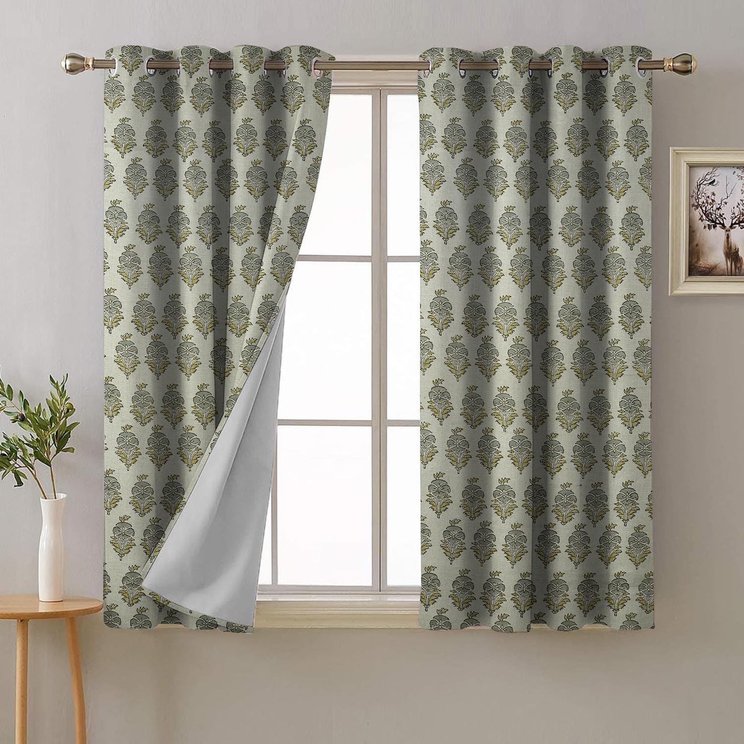 Room Darkening Floral Grommet Curtains - Blackout Linen Window Treatment - Mormukut