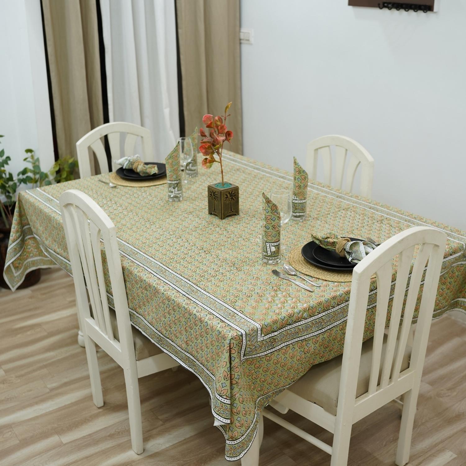 HAND BLOCK PRINTED COTTON FLORAL DECORATIVE BOHO TABLE COVER WITH NAPKINS - TITLI