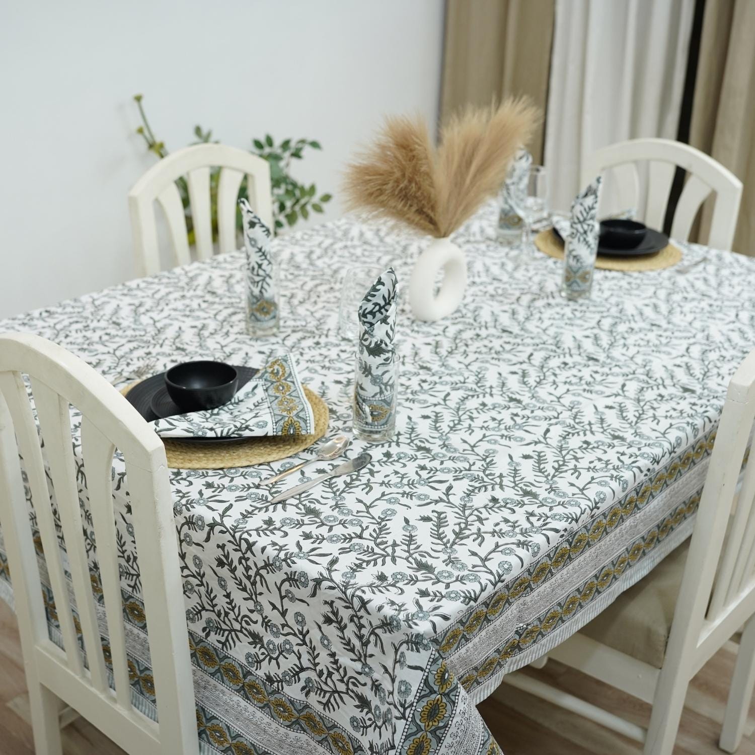 FLORAL HAND BLOCK PRINTED 100% COTTON KITCHEN TABLE COVER AND NAPKINS SET - SEHJAN