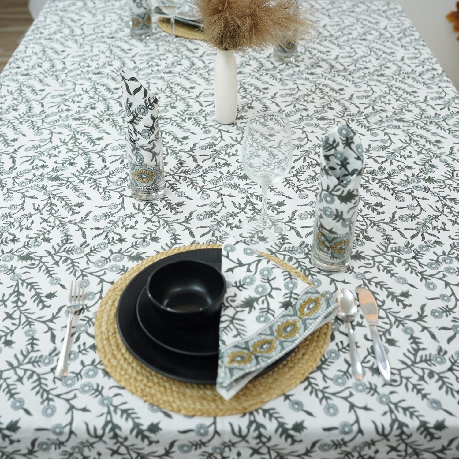 FLORAL HAND BLOCK PRINTED 100% COTTON KITCHEN TABLE COVER AND NAPKINS SET - SEHJAN