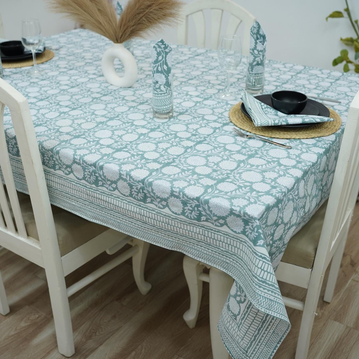 BLOCK PRINTED SKY BLUE BOHO FLORAL COTTON TABLE CLOTH/COVER AND NAPKINS SET - RAJAT