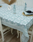 BLOCK PRINTED SKY BLUE BOHO FLORAL COTTON TABLE CLOTH/COVER AND NAPKINS SET - RAJAT