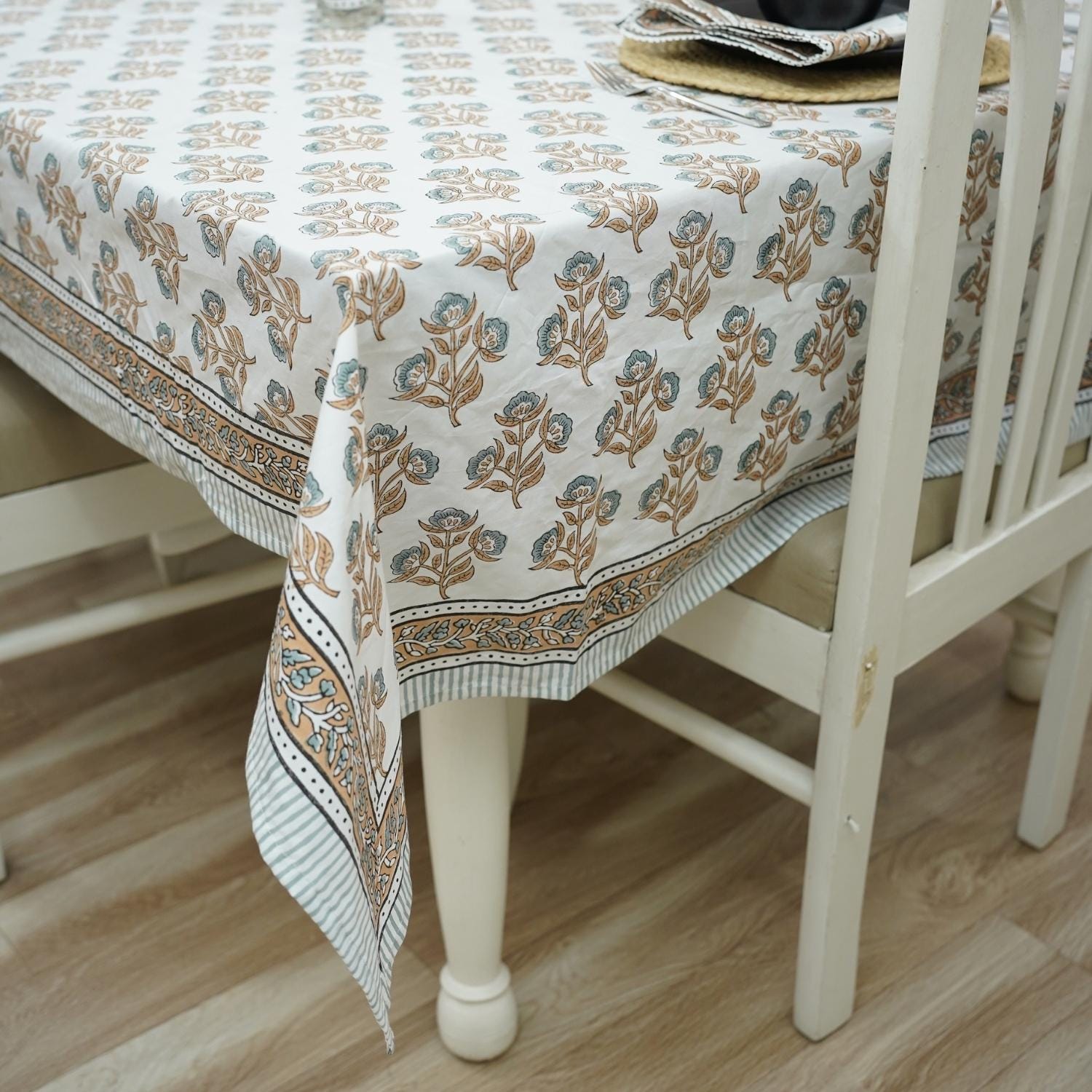 BROWN FLORAL HAND BLOCK PRINTED COTTON KITCHEN TABLE COVER AND NAPKINS SET - BAEL PATRA