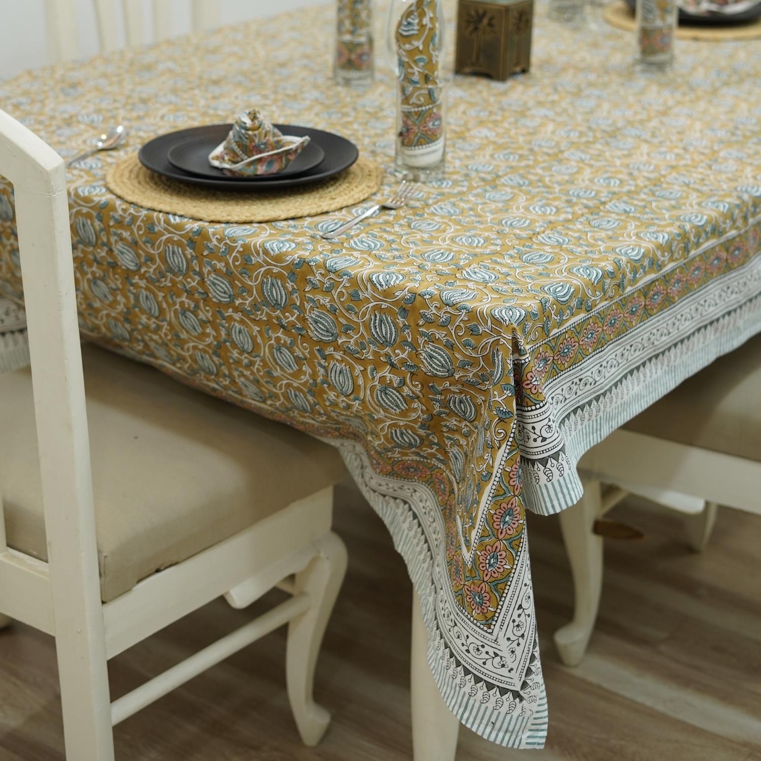 FLORAL HANDMADE BLOCK PRINTED COTTON INDIAN TABLE COVER/COVERING - 6 KAMAL