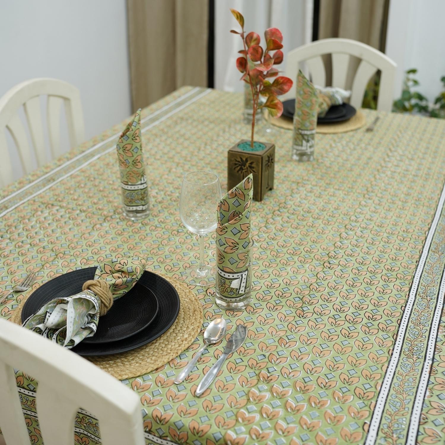 HAND BLOCK PRINTED COTTON FLORAL DECORATIVE BOHO TABLE COVER WITH NAPKINS - TITLI