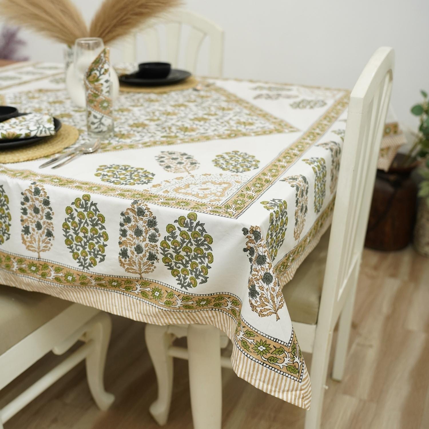 HANDMADE BLOCK PRINTED COTTON FLORAL NAPKIN AND CUSTOM DECORATIVE TABLE COVERING - GUDHAL BORDER