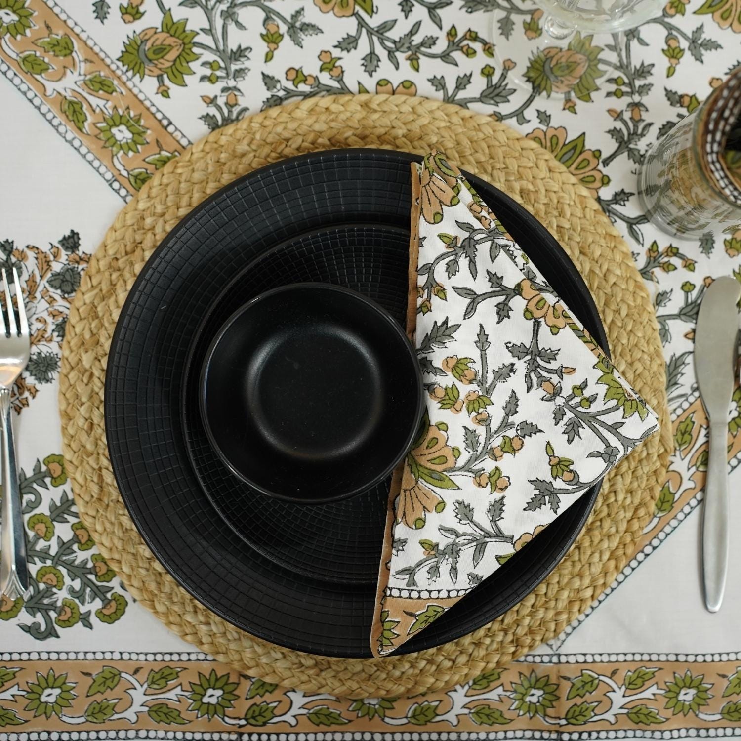 HANDMADE BLOCK PRINTED COTTON FLORAL NAPKIN AND CUSTOM DECORATIVE TABLE COVERING - GUDHAL BORDER