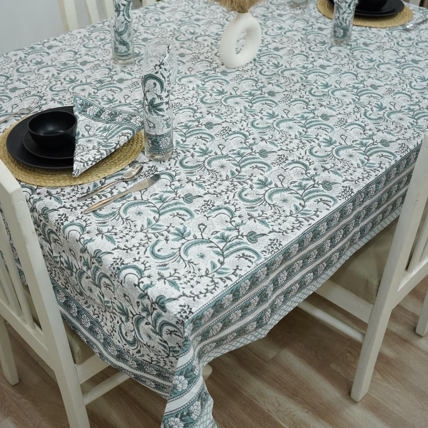 FLORAL HANDMADE BLOCK PRINTED COTTON NAPKINS AND TABLE CLOTH - KUNDANVAN