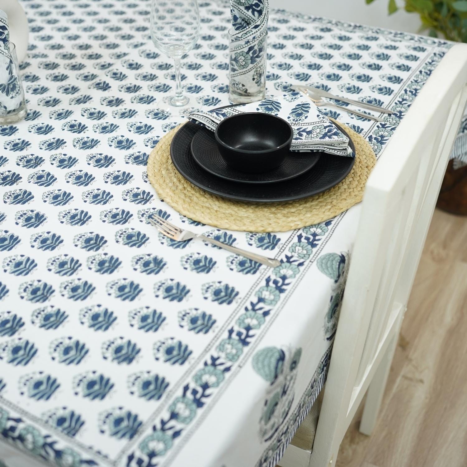 HANDMADE BLOCK PRINTED FLORAL DESIGNER COTTON TABLECLOTH AND NAPKIN - BHISHMA