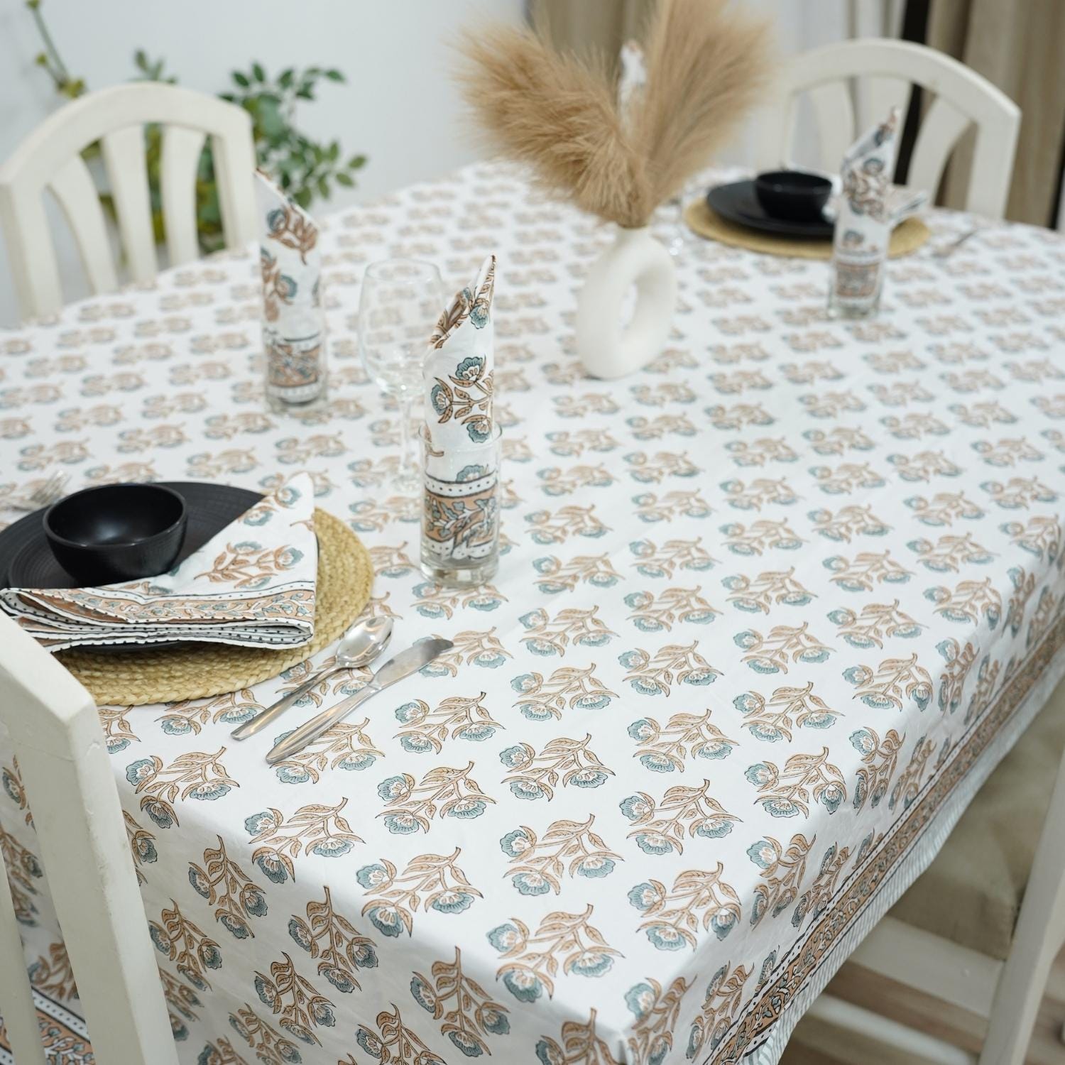 BROWN FLORAL HAND BLOCK PRINTED COTTON KITCHEN TABLE COVER AND NAPKINS SET - BAEL PATRA