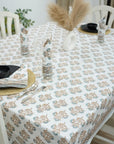 BROWN FLORAL HAND BLOCK PRINTED COTTON KITCHEN TABLE COVER AND NAPKINS SET - BAEL PATRA