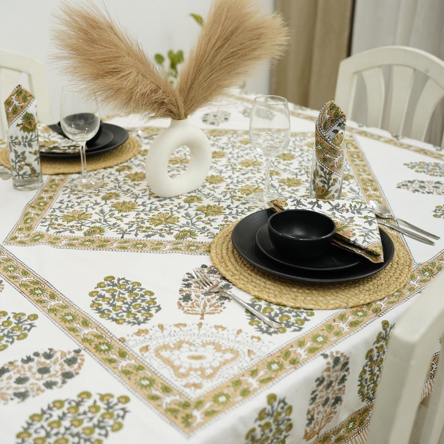 HANDMADE BLOCK PRINTED COTTON FLORAL NAPKIN AND CUSTOM DECORATIVE TABLE COVERING - GUDHAL BORDER