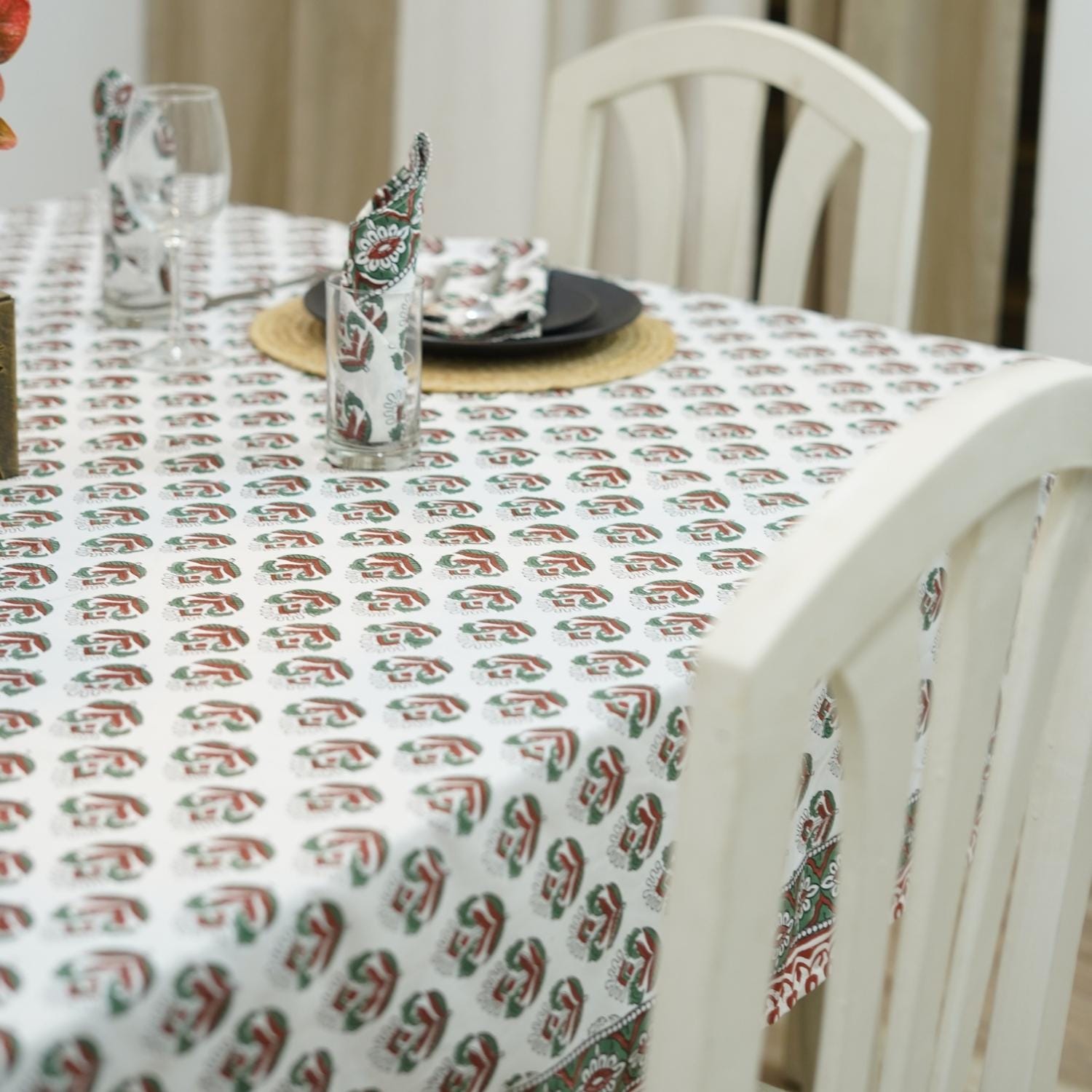 HAND BLOCK PRINTED FLORAL COTTON KITCHEN TABLE WRPS And NAPKINS SET - CHUI MUI