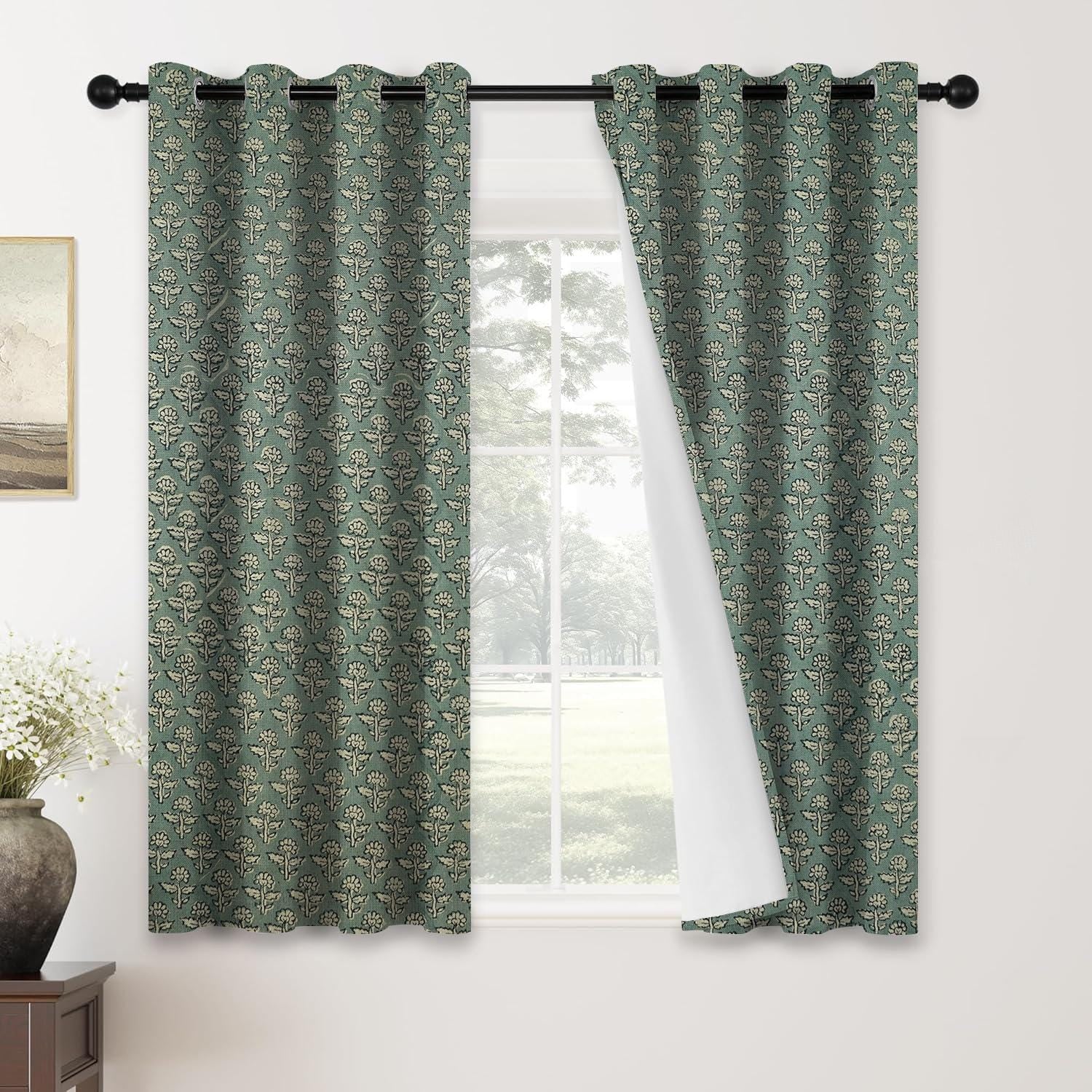 Hand Block Print Blackout Curtain - Boho Linen Grommet Panel for Farmhouse Decor - Gulmohar