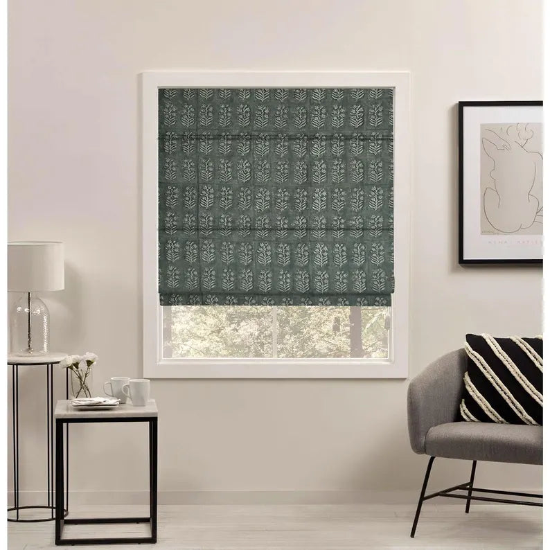 Pure Linen Block Print Roman Shade-INDERDHANUSH