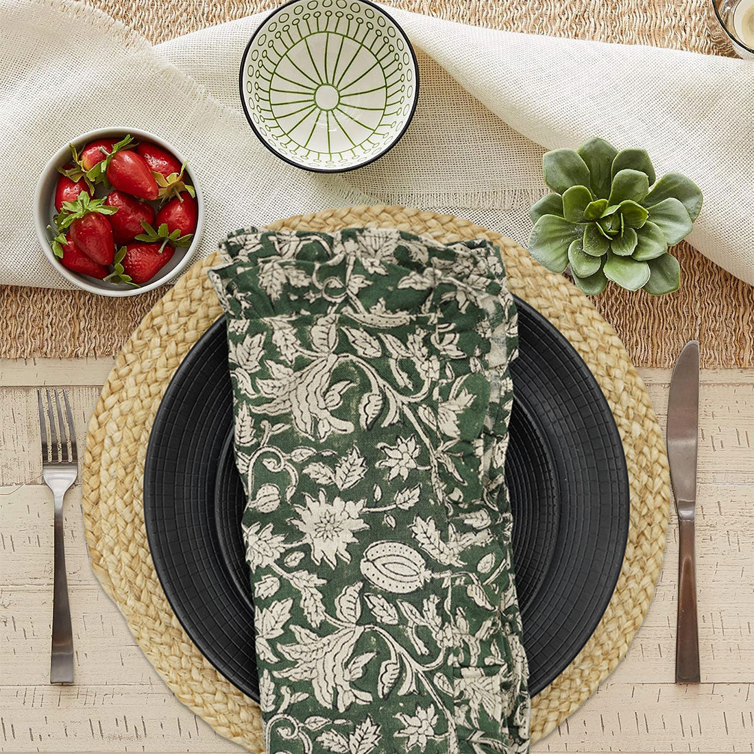 FLORAL HANDMADE DECORATIVE DINNER FRILL SET OF LINEN BLOCK PRINTED FABRIC TABLE NAPKINS – ARADHANA