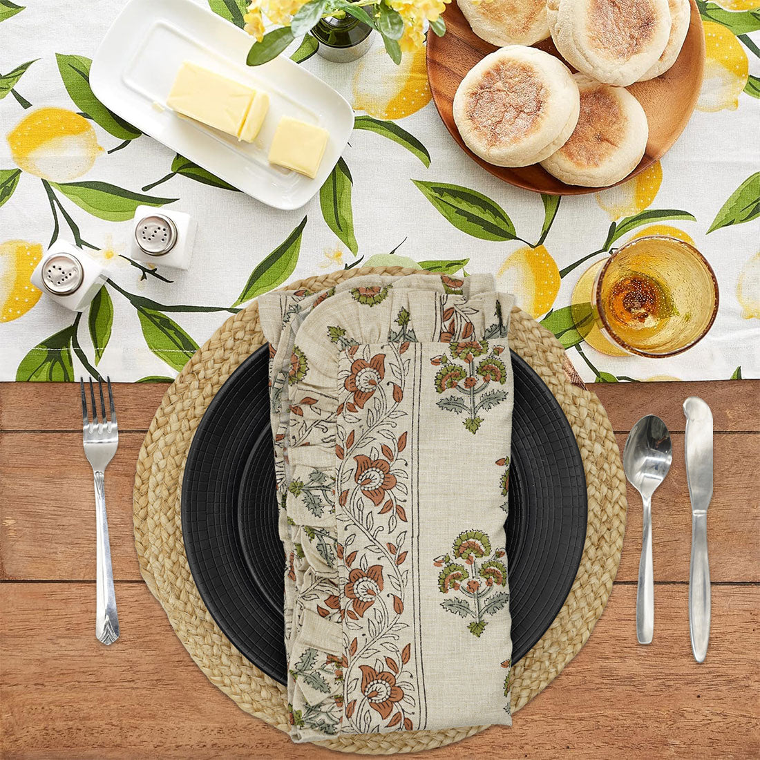 HANDMADE LINEN BLOCK PRINT NAPKIN SET REUSABLE TABLE LINENS DINING TABLE DECOR FRILL DESIGN – TRAFFIC LIGHT BORDER