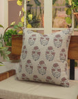 Block Printed Floral House Decor Thick Linen Pillow Cover - Mayra in Gray and Brown