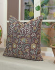 Handmade Floral Print Designer Pillow Cover Elegant Brown Pure Linen - KUNDANVAN