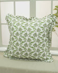 Block Printed Thick Cotton White Frill Pillow Cover - Madhubala in Green/Gray