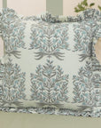 Frill Block Printed Floral Thick Cotton White Pillow Cover - Vrindavan