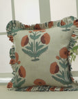 Block Printed Floral Thick Linen Pillow Cover - Badshah Brown & Green