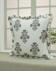 Floarl Block Printed Thick Cotton White Frill Pillow Cover - Swadesh